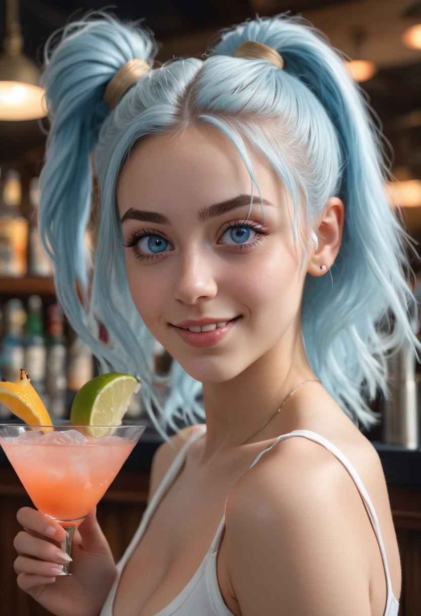 (masterpiece, best quality, photorealistic, Instagram photo, (side profile),1 girl, Nia Johnson, sexy girl, beautiful girl, young lady, solo, Realism, natural light, ray tracing, Subsurface scattering, high-resolution, realistic style, 8k , official art, aesthetic, high contrast, extreme detailed background, soothing tones, realistic, beautiful light blue eyes, (funny expression: 1.5), perfect face, detailed face, detailed hair, (pale skin:1.1) shiny skin, perfect skin, (24 years old:1.4), blush,(opening clothes:1.1), Thick long light blue hair, high bun hairstyle, messy hair(wide shot:1.3),(breast,cleavage:1.1), (bar theme:1.5),(holding a cocktail:1.5),((cross eyes and smile1.5)), (wearing white_comfortable_short_and_tanktop_combo1.3),1girl,Breasts