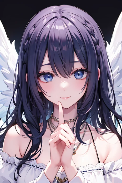 masterpiece_portrait, distinct, distinct_image, high_resolution, highres, high_quality_anime, high_quality, hyper_detail, finely_detailed, best quality, masterpiece, high resolution, 1 woman, white dress, black hair, blue eyes, hair accessories, necklace, bijouterie, beautiful face, beautiful body, Tyndall effect, realistic, edge lighting, two tone lighting, (high detail skin: 1.2), 8,000 UHD, DSLR, soft light, shining, high quality, volumetric lighting, candid, picture, high resolution, 4K, good quality, exciting atmosphere, Sacred, angel, white wings, wings, The smallest details, specific details, smiling