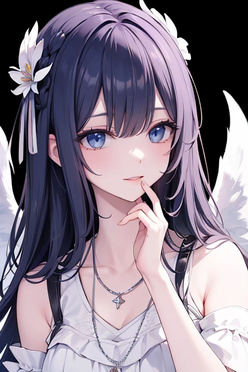 masterpiece_portrait, distinct, distinct_image, high_resolution, highres, high_quality_anime, high_quality, hyper_detail, finely_detailed, best quality, masterpiece, high resolution, 1 woman, white dress, black hair, blue eyes, hair accessories, necklace, bijouterie, beautiful face, beautiful body, Tyndall effect, realistic, edge lighting, two tone lighting, (high detail skin: 1.2), 8,000 UHD, DSLR, soft light, shining, high quality, volumetric lighting, candid, picture, high resolution, 4K, good quality, exciting atmosphere, Sacred, angel, white wings, wings, The smallest details, specific details, smiling