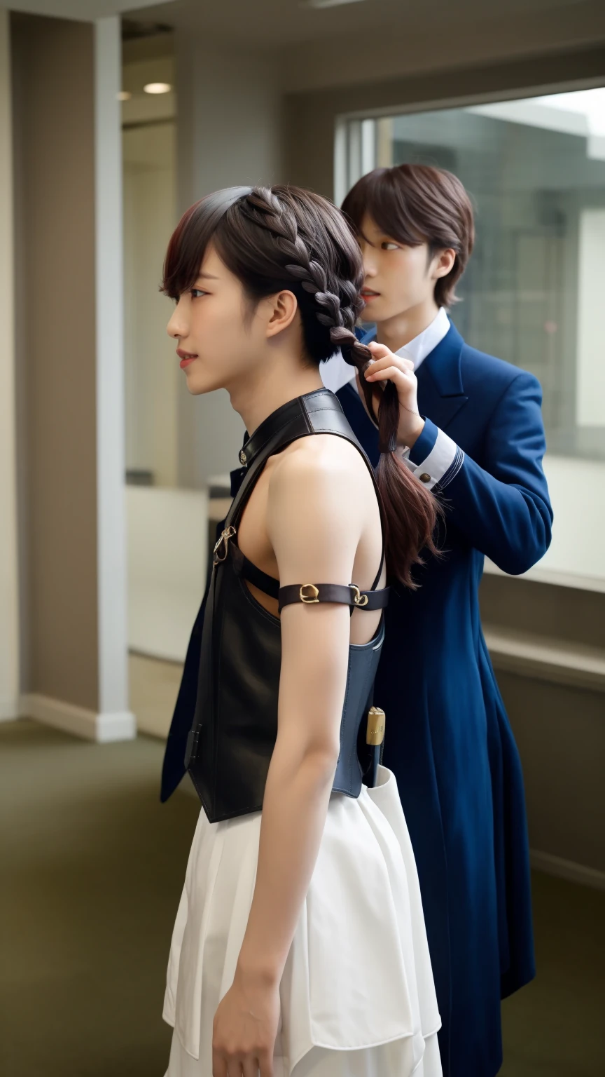 1boy, lyney, indoors, top hat, harness, arms behind back, front view, standing, bulge, smug, braided hair, lyney, genshin impact, looking at viewer, chest