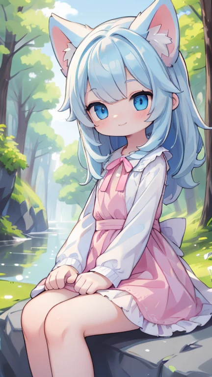 White Kitten，A cat in human form，blue eyes，Long light blue hair，cat paw，Smile，Acting Lovely，wearing pink dress，Thin skirt，Sit on a stone，There is a creek next to it，There are two pine trees around，Blue sky and white clouds，Lovely，childhood，Lovely，smooth skin，sensual