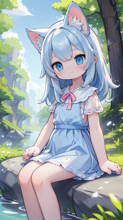 White Kitten，A cat in human form，blue eyes，Long light blue hair，cat paw，Smile，Acting Lovely，wearing pink dress，Thin skirt，Sit on a stone，There is a creek next to it，There are two pine trees around，Blue sky and white clouds，Lovely，childhood，Lovely，smooth skin，sensual