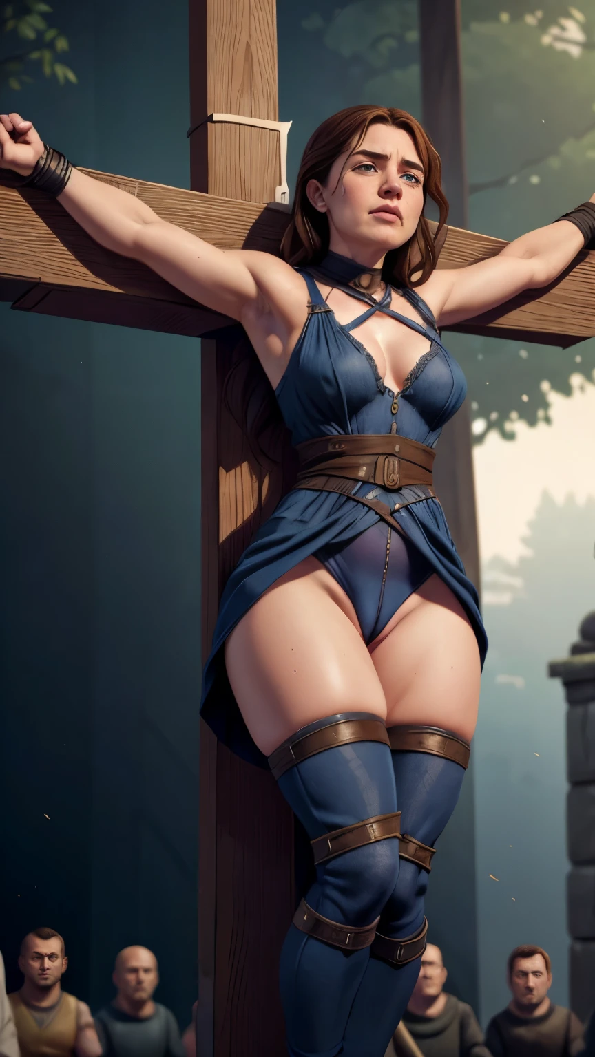Foto hiperrealista en primer plano de Willa Fitzgerald, Create dystopian masterpieces, scene from the Game of Thrones movie, the entire figure dressed in Game of Thrones style, tight dark blue dress with armor accessories, broken breastplate, on a medieval market square,  beautiful woman, skinny, small breasts, straight brown hair, detailed face, ((fear)), photo taken from a distance, age 35 years old, (((violent men lifting her dress:1.2))), (((cameltoe panty))), (((restrained and crucified by the crowd:1.2))), (((serious))), (((tears running along her cheeks))), (wood cross), big sagging breasts