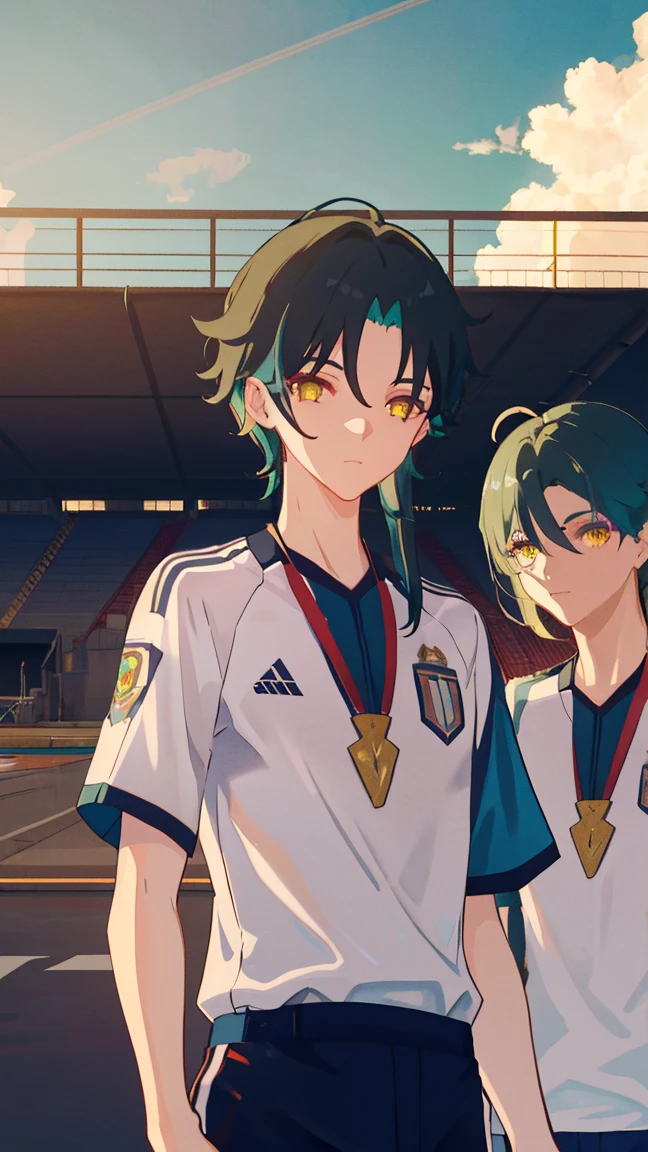 2 boys,dark green hair,highest quality,masterpiece,excessive,male focus,yellow eyes,beautiful eyes,beautiful boy,School,between men,Spouse,soccer club members,Blue soccer uniform,soccer,high school,soccer uniform,blue clothes,soccer court,teammates,same clothes,shoulder to shoulder,feminine,good friend,best image quality,