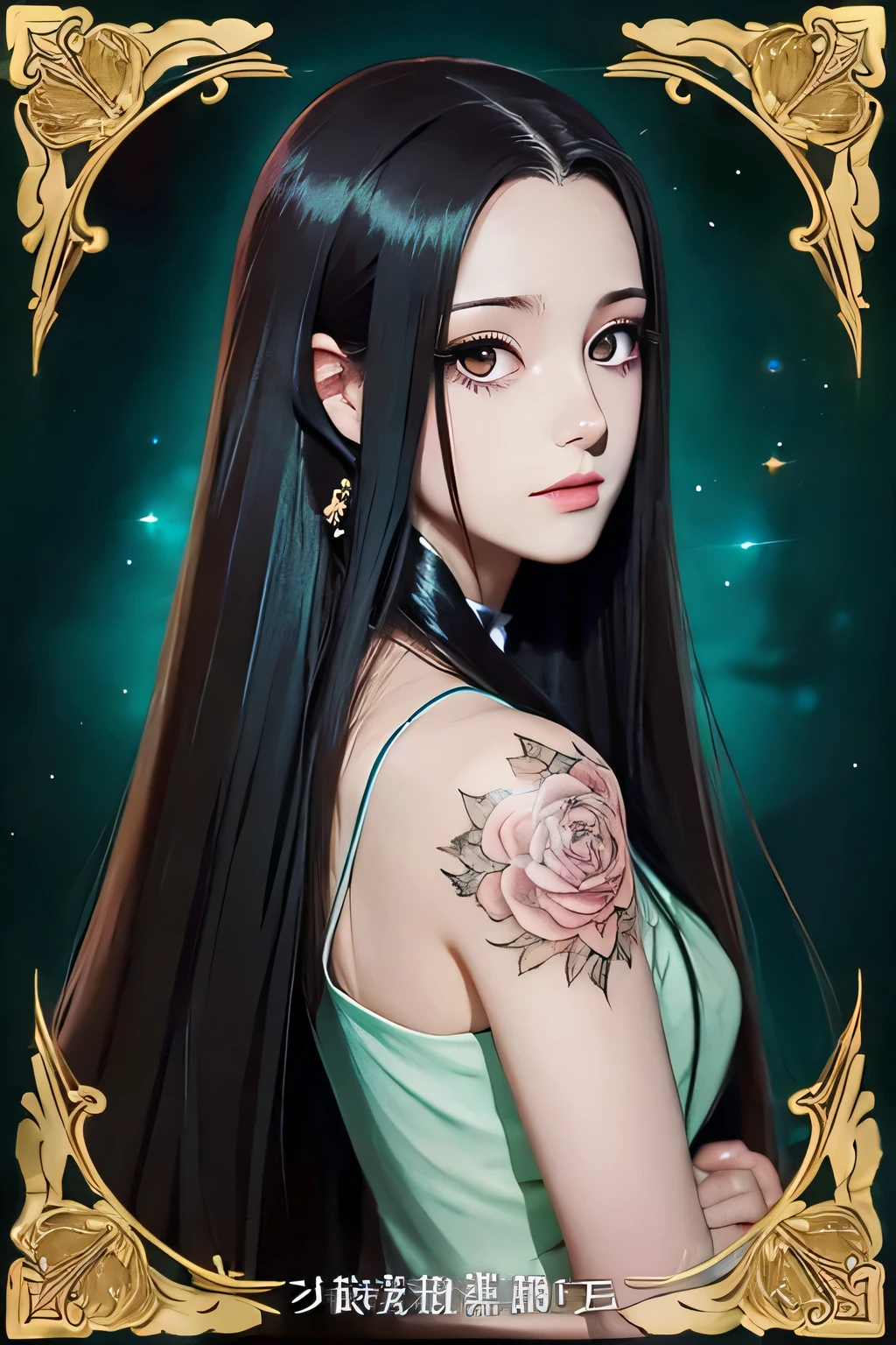 best quality, exquisite, woman, , thinking, determined, intelligent, bored, neutral, serious expression, looking at viewer, long hair, long hair, center part, shiny hair, forehead, black hair, black eyes, tsurime, wide-eyed, fair skin, pale skin, headshot, anime, 2d anime, character design references, manga, cel anime, an anime poster, kawaii, gothic atmosphere, mysterious atmosphere, dark academia, cat tattoo on neck