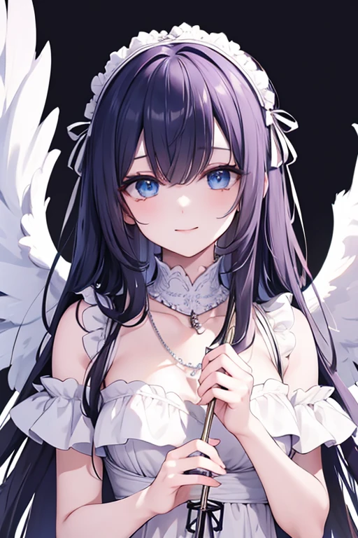 masterpiece_portrait, distinct, distinct_image, high_resolution, highres, high_quality_anime, high_quality, hyper_detail, finely_detailed, 1 woman, white dress, black hair, blue eyes, hair accessories, necklace, bijouterie, beautiful face, beautiful body, soft light, shining, high quality, volumetric lighting, candid, picture, high resolution, 4K, good quality, exciting atmosphere, Sacred, angel, white wings, wings, The smallest details, specific details, smiling
