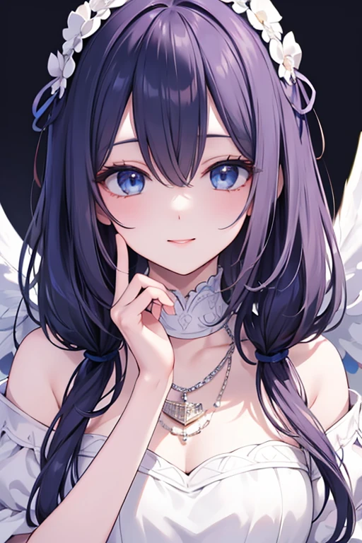 masterpiece_portrait, distinct, distinct_image, high_resolution, highres, high_quality_anime, high_quality, hyper_detail, finely_detailed, 1 woman, white dress, black hair, blue eyes, hair accessories, necklace, bijouterie, beautiful face, beautiful body, soft light, shining, high quality, volumetric lighting, candid, picture, high resolution, 4K, good quality, exciting atmosphere, Sacred, angel, white wings, wings, The smallest details, specific details, smiling