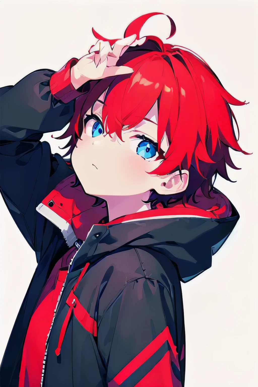 [(WHITE BACKGROUND:1.5),::5], ((((masterpiece)))), high quality, ultra_very_high_resolution, large_filesize, full color, (((solo))), (()), ((red color short hair)), blue eyes, anime, upper body, neon light, black parka, upperbody,