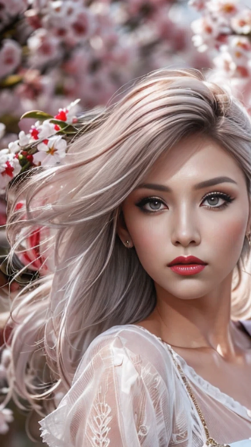 Divide Ratio : 1,1,1 Base Ratio: ((portrait)),beauty (mixed girls) in (highly detailed 32k absurd art of a ((girl 18-year-old)) ),fashion supermodel,(best high quality real texture skin:1.3),((ebony skin female:1.15)),(best quality texture hair:1.4),BREAK,((red hair:0.5|white hair:0.5((bangs swept to the side)) intricate detailed:1.55)),((outside'an orchard of blooming cherry trees:1.3)),(best high quality:1.4),(photo realistic:1.5),(Hyper realistic:1.5),((sharp focus)),(highest resolution),((soft neon lighting on the face and body)),(perfect proportions),(anatomically correct),(perfect female body),(firm normal full breasts:1.3),slim face,beautiful cheekbones,((slim,swell-muscled body:1.24)),(Super beautiful face),(realistic face),(highly detailed face:1.4),absurd(ultra detailed eyes), finely detailed face,finely quality eyes,(tired and sleepy and satisfied:0.0),(close up of a woman's eye with a digital rendering),realistic eyes,perfect round eyes,finely detailed pupils,(brown_eyes:1.3),BREAK,detailed lips:1.3,(red_lipstick:1.1),pink_makeup:1.22, long_blue_eyeliner:1.22, perfect dark_eyeshadows:1.35, there a close up of a woman's, (super detailed makeup on eyes:1.3), iridescent eyes, with professional makeup, vibrant eyes:1.2, (Detailed nose:1.2),BREAK,(extremely detailed:1.23 (collared blouse shirt:1.3)),BREAK,small head:1.4, ((ornament red ribbon on head:1.33)),exquisite balance of shadows,perfect composition,(((upper body shot:1.2))),((look at the viewer)), Hasselblad, 50mm f/2.2