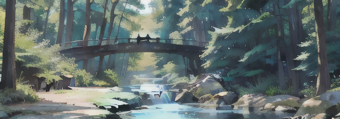 There is a village in front of the forest，There is a small pond in front of the village，The pond reflects the village and forest，blue sky clear weather，Suspension bridge over the pond，Original Artwork，Scene concept design，peaceful，forest，Thick painted illustrations，Keep brush strokes on the screen，Vision，On the left is the clearing in the woods，In the middle of the picture is the wooden suspension bridge.，The bridge is in a downward arc shape at the bottom center of the picture.，The bridge is on the left side of the screen，The bridge should not cross the screen，Resolution 300dpi