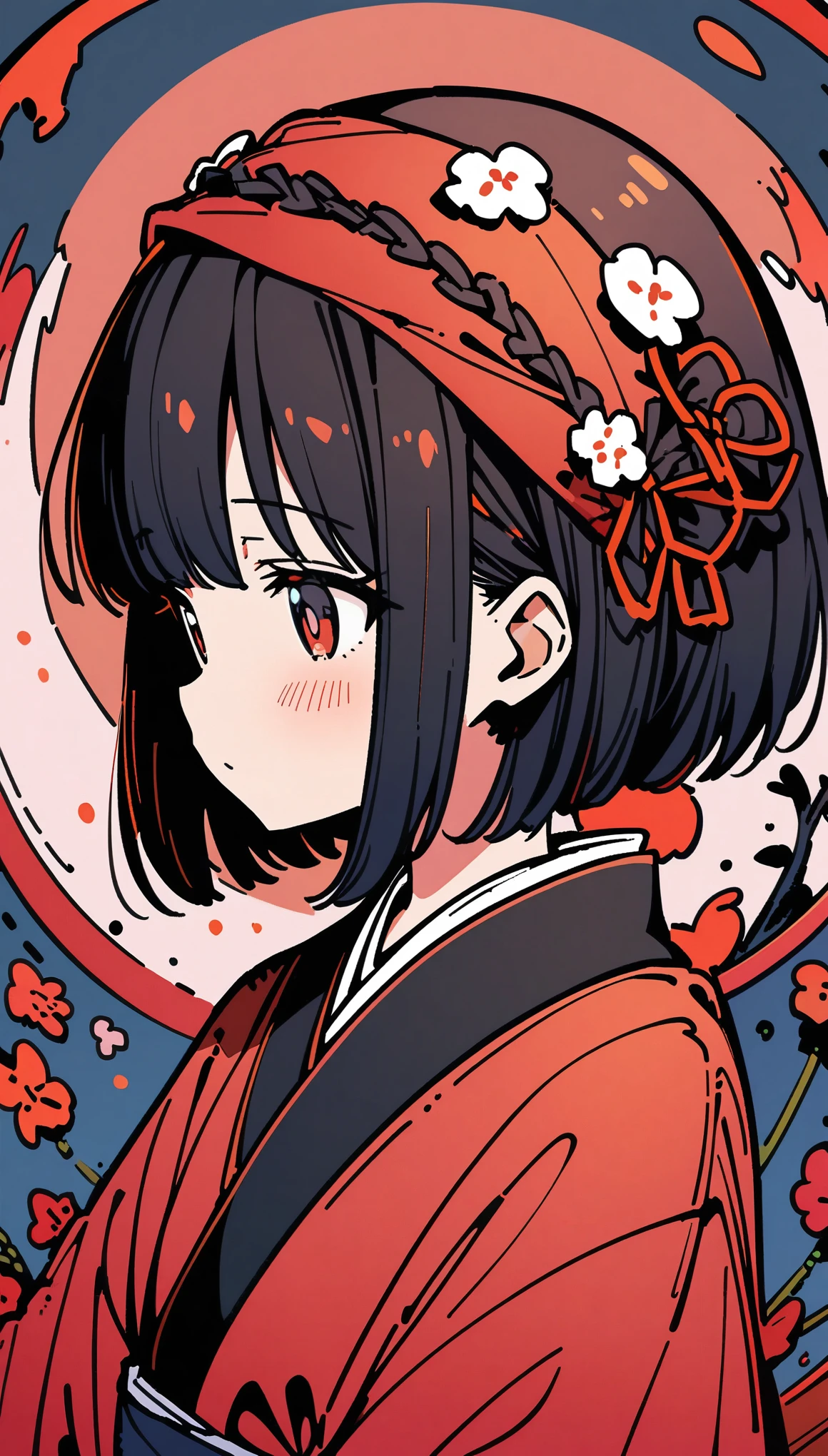 (Beautiful illustrations:1.2), (Kawaii Maiden:1.0), (1girl, solo:1.0), (black short hair:1.0), (Red kimono:1.0), (Upper body:1.0), (Super detailed, high resolution, 4k:1.0),