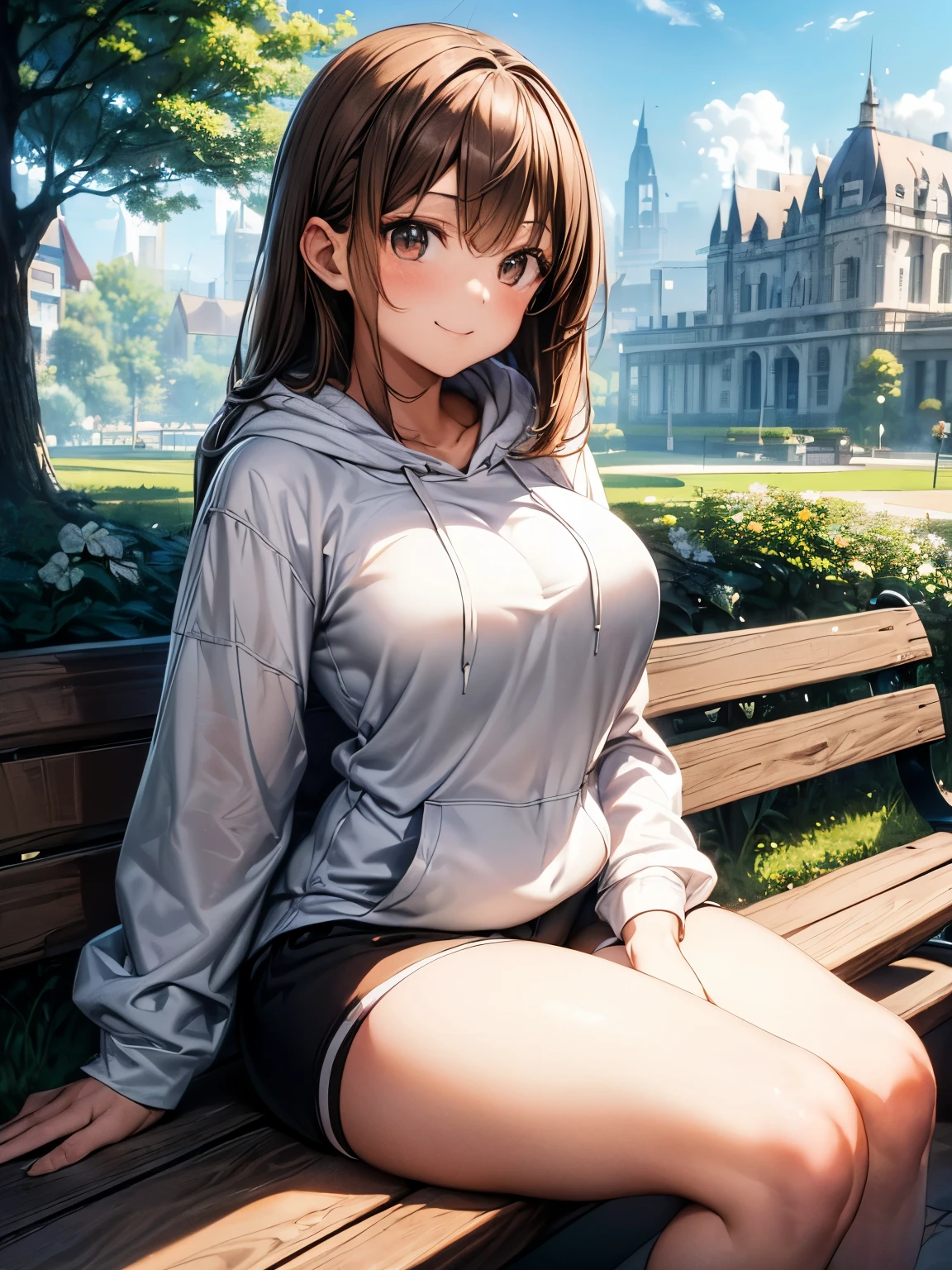 highest quality、complete limbs、Beautiful woman、solo、((brown haired woman:1.4))、((Woman with long straight hair))、(big breasted woman:1.3)、(Woman wearing a white hoodie:1.3)、(((Woman in black shorts)))、smile、garden、Clear skies、woman sitting on a bench