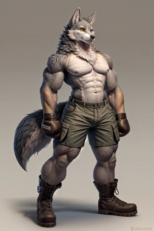 Furry, anthropomorphic wolf, light gray fur, yellow eyes, 6'5 and 208 lbs, 45" Chest, 20" shoulders, 15" Biceps, 34" waist, 24" thighs, 16" calves, 19" Back, wearing white tank top, wearing green cargo shorts, wearing brown leather boots, wearing red boxing gloves