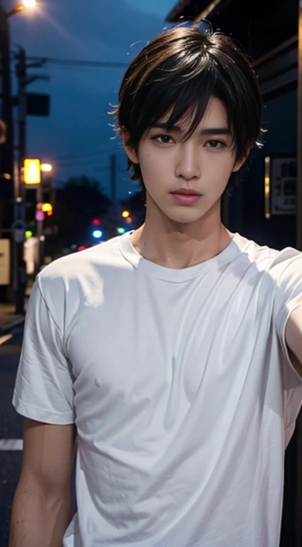 male student，with short black hair，Asian，realistic graphics，high quality photos,Rough skin,Handsome Japan,selfie,slim body shape,above the chest,entrance at night,white shirt,************,melancholy expression,、Raw photo、one man in the world、detailed facial texture、Japan boy、Cool