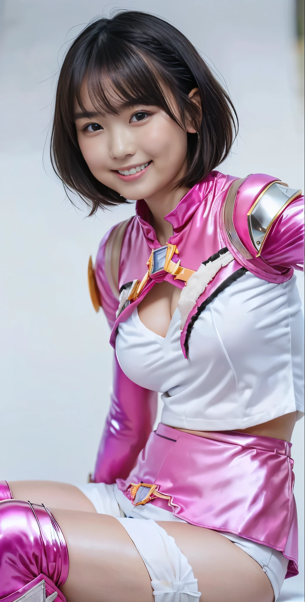 （8K、Raw photography、highest quality、masterpiece：1.2),(black haired、very short hair:1.8),(twin mitsu braid:1.4)、show viewer,Looking at the front,erotic,白いskin,(Wearing a shiny pink ranger costume:1.9)、()、(Clothing that emphasizes the shape of your chest、publish one&#39;skin:1.5)、(big breasts :1.4)、slim body shape、ultra high resolution,beautiful,beautiful fece,(alone、no background:1.9),whole bodyボディー,japanese woman,（Photoreal：1.37）、photon mapping,reality、(Baby-faced and cute: 1.0)、(cute smile: 1.7)、(With a round face: 1.7)、radio city、Physically based rendering、depth of field rally background、photograph, (I can see your knees、short skirt、I can see white pants、close up of thighs:1.8),（show polka dot panties:1.4）,whole body、super fine