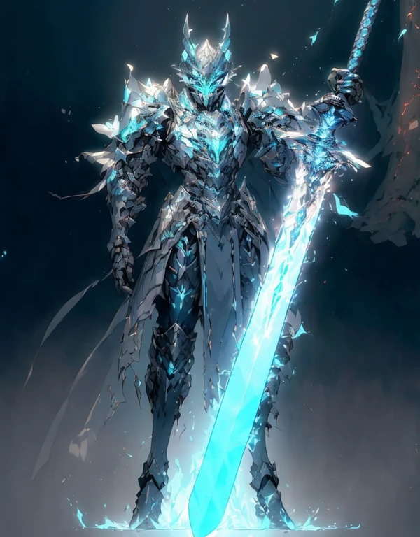 (masterpiece, top quality, best quality, official art, beautiful and aesthetic:1.2),(8k, best quality, masterpiece:1.2),CGDivineSwordsw, weapon, armor, solo, holding, horns, glowing, sword, 1boy, holding weapon, planted, male focus, glowing weapon, standing, helmet, gauntlets, holding sword, glowing sword, planted sword, shoulder armor, gradient, gradient background, greaves, pauldrons, (blue glow:1.3),