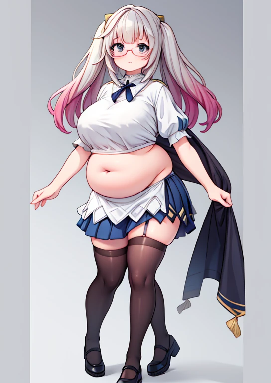 (masterpiece, best quality, highly detailed), 1girls, big belly, blurry background, huge belly, art by kipteitei, round belly, chubby, curvy, simple_background, gradient_background, belly grab, enormous belly, fat belly, thicc, bigger belly, really big belly, jiggly belly, shirt covering belly, belly cover by shirt, glasses, ((****ta)), casual clothes, skirt, thighhighs, ((full body)), long hair