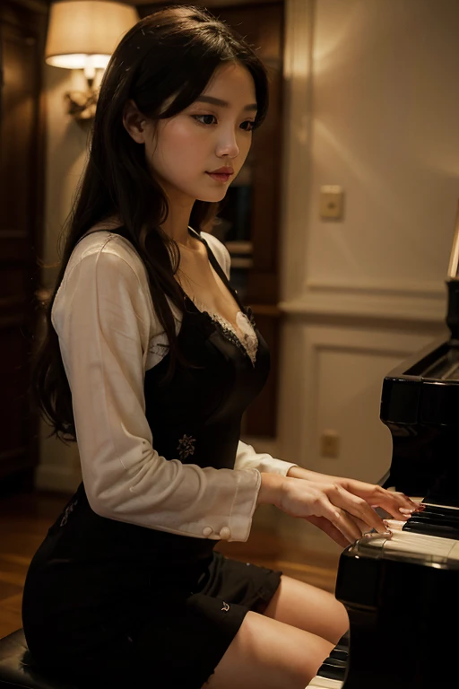 (1 girl)、masterpiece, best quality, Very detailed, surreal, lifelike,(Photo realism:1.4)、original photo,there is a woman that is playing a pianoin a room, playing piano, piano家, pianoin the background, (客廳內1 girl面向黑色的piano、Straight, black hair、Delicate hair details)、(客廳內一部黑色piano、Girl fingers on piano keys、Delicate finger details)shadow、octane rendering、8K、Super sharp、(breast、long sleeve、White tulle、portrait、silk pajamas、Delicate silk details)、(Girl playing piano fingers、Very fine finger details) , 一位漂亮的亞洲女性piano家, 彈piano, 超精細的三角piano, perfect hands, perfect hands指,  beautiful woman, Perfectly detailed, mesmerizing and seductive, real pianos, piano, full piano, Beautiful asian girl, Serenity and elegance, Excellent composition, 
