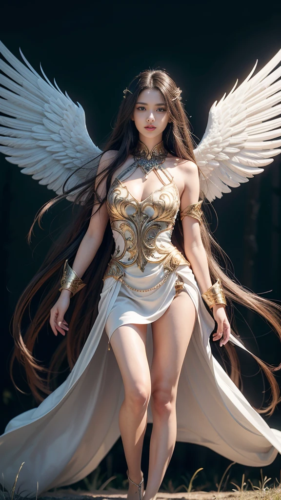 (An angel has 12 wings on her shoulders., wings burst from wings, has many wings, Wings come out, Counting the years, I took two exams., pure white wings), (Realistic picture, highest resolution, 16k), (A god with wide wings and enormous power on his shoulders.., wings overlapping wings on shoulders., Add dynamic wings), (Beautiful girl with two meter long hair, My hair is very long., extra long hair, striking long hair, Beauty that comes from long hair, long black hair, long hair flowing), (Smooth white skin, Smooth white skin, shiny hair), (very red lips), ((charming standing posture)), (Huge breasts, big breast , Breasts are soft and fluffy., Plump breasts, Plump breasts), (small waist, hips raised, small thighs, Long legs), Women who are 172 centimeters tall, (dynamic poses), (Short white dress with black embroidery), (a few pieces of jewelry, gold armor), (Float in the air), (Sky background in the middle of the forest), see the whole body, like full body, Visible in every part of the body,