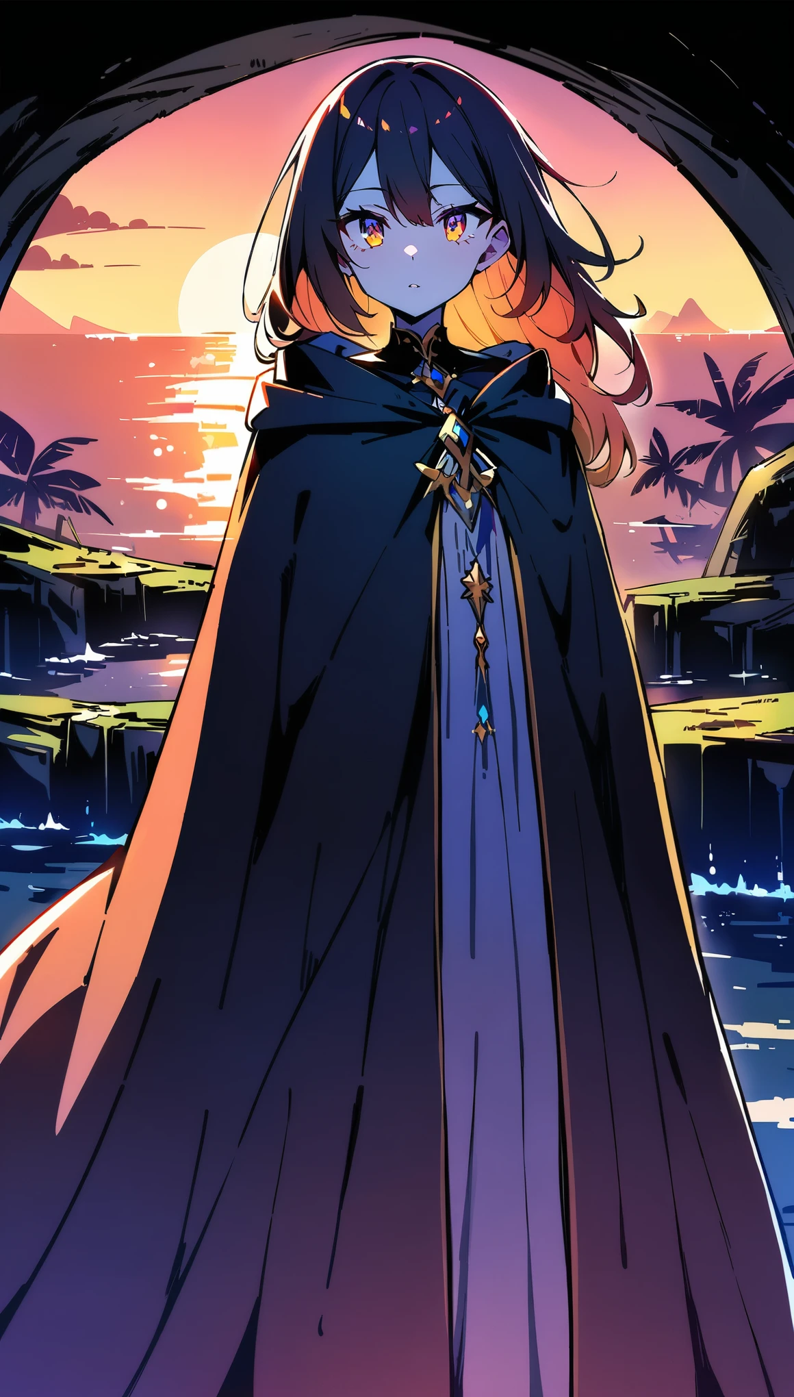 masterpiece,best quality,Details,exquisite eyes,gradient eye,gradient hair,Ray tracing,real skin,1 girl,solo,wearing a cloak,island: 1.2,night