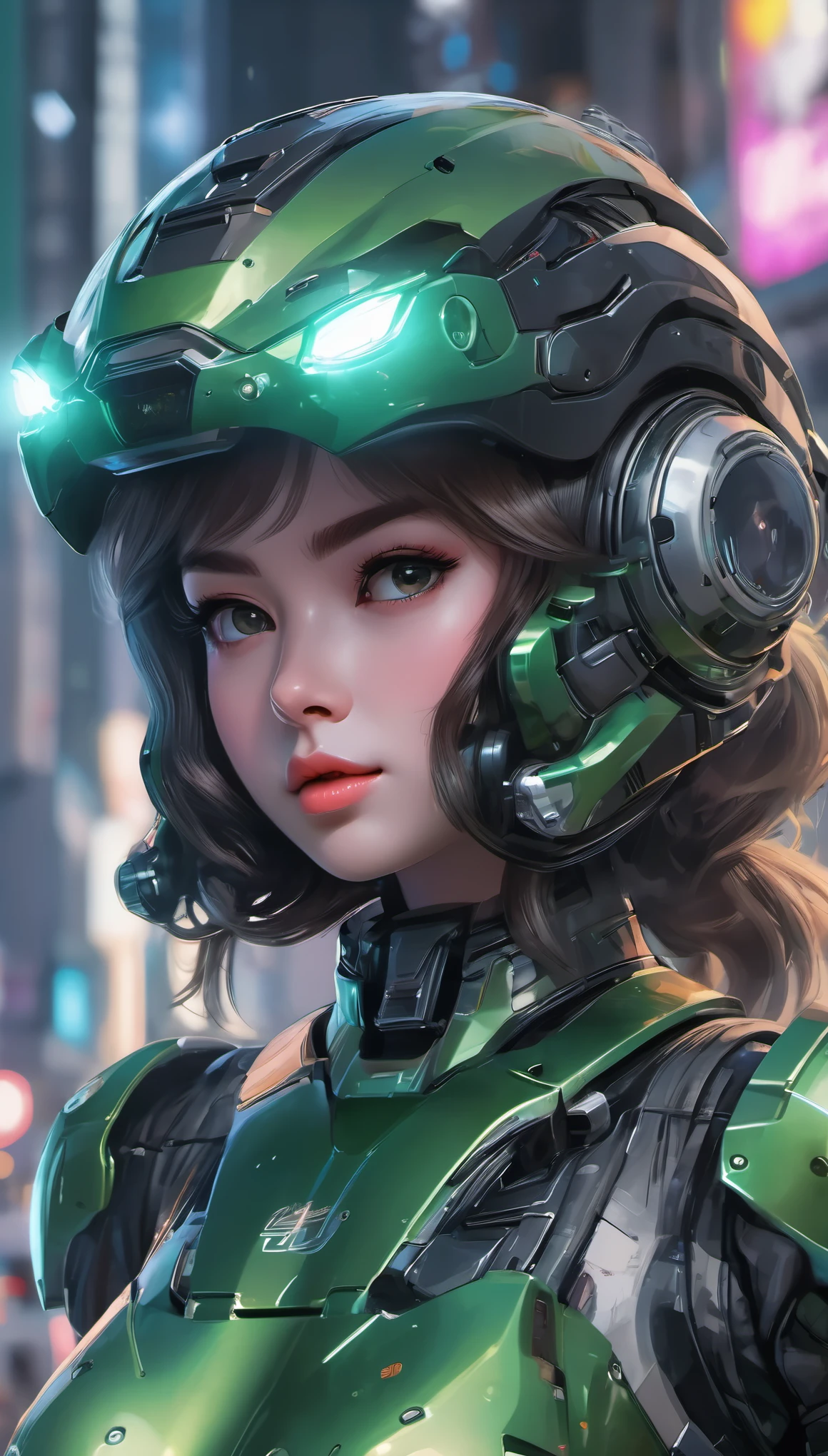 Highest image quality, Excellent details, ultra high resolution, (realism: 1.4), best illustrations, Offer details, Highly concentrated 1girl, Has a delicate and beautiful face, Wearing black and green mecha, Wearing a mecha helmet, holding direction controller, riding a motorcycle, The background is a high-tech light scene of a futuristic city.