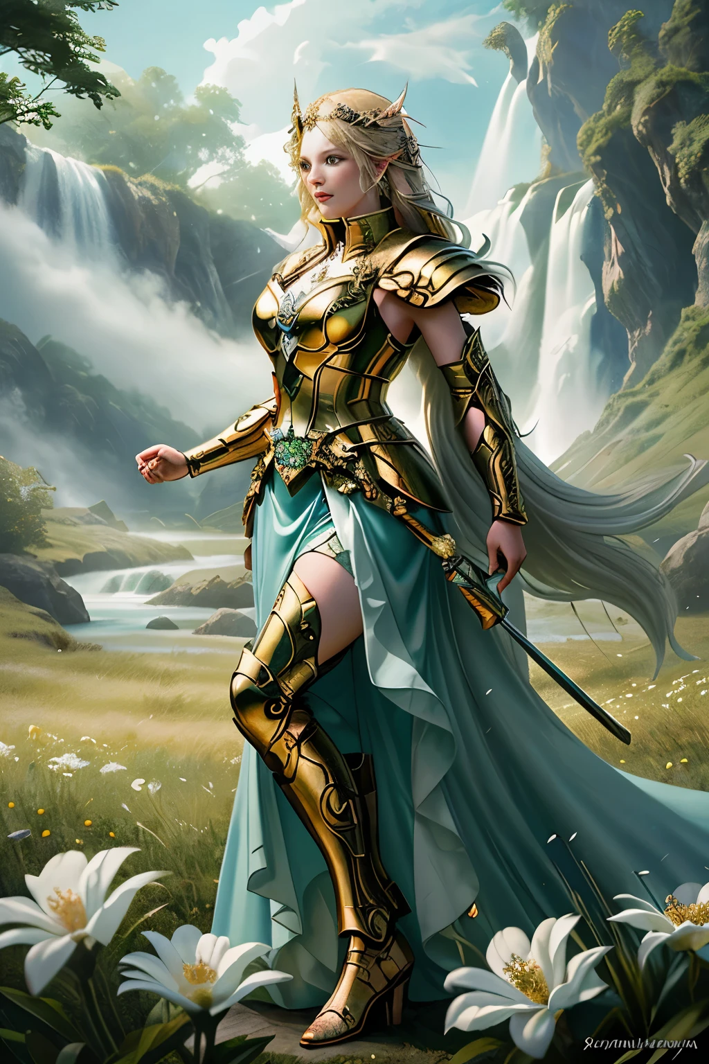 Create a digital art image of Freyja, the Norse goddess of love, beauty, and fertility, in a highly detailed raw photo style. Her towering figure should be adorned with intricately designed golden jewelry, symbolizing her wealth and allure. Wild animals and sacred plants should gracefully surround her, emphasizing her connection with nature.

The background of the image should highlight her role as the leader of the Valkyries and the patroness of fallen warriors. Valkyrie maids clad in armor, flying on their magnificent horses, can be seen in the background, ready to claim their fallen warriors. A lush, green landscape with blooming flowers and lively waterfalls can