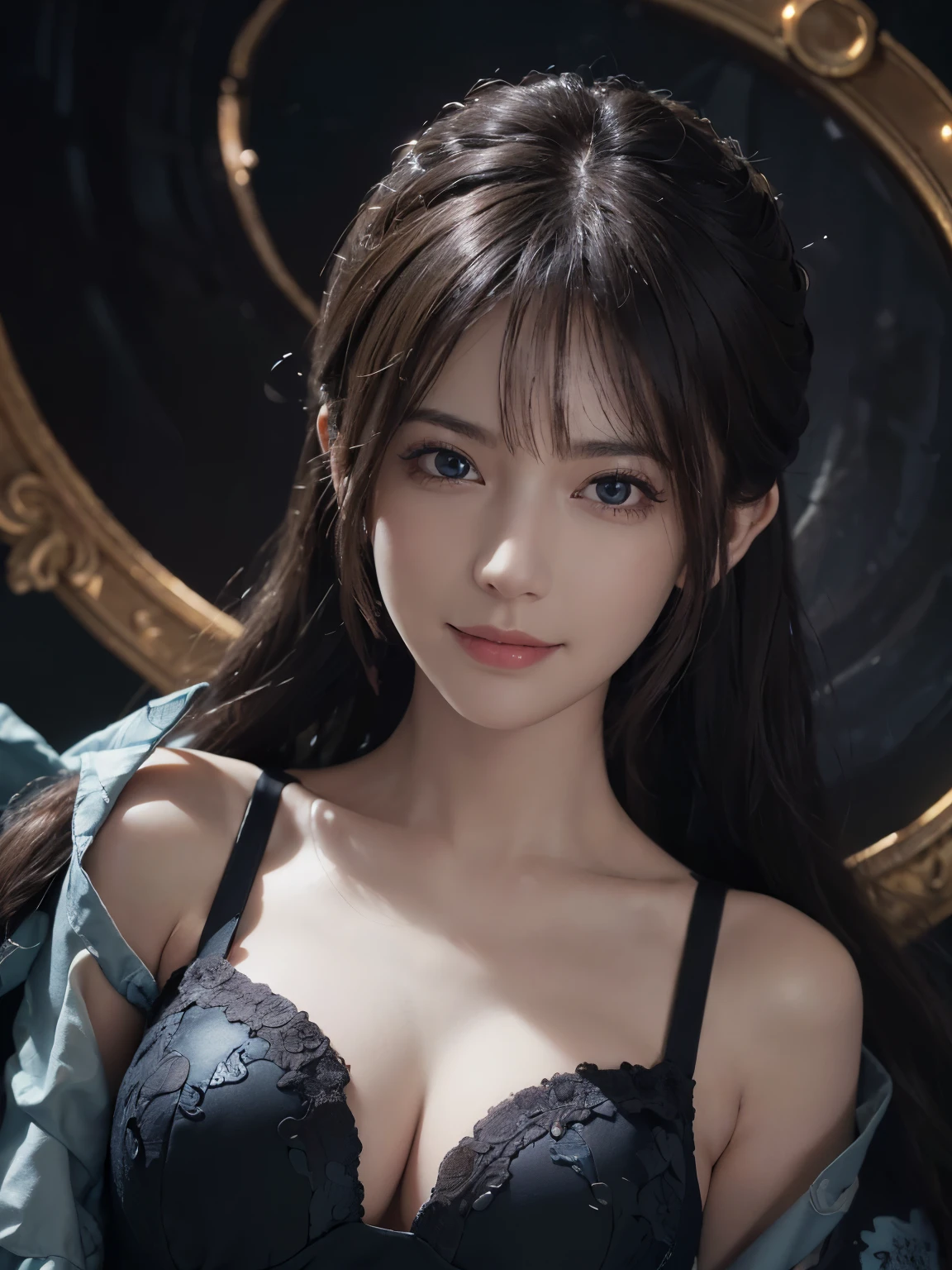 (surreal) , (figure), (increase resolution), (8K), (very detailed), (best figure), (detailed and beautiful eyes), (highest quality), (Super detailed), (masterpiece), (wallpaper), (detailed face), alone,1 girl, view audience, delicate details, detailed faces, in the dark, deep shadow, discreet key,Pure erotic face ace_V1, smile,