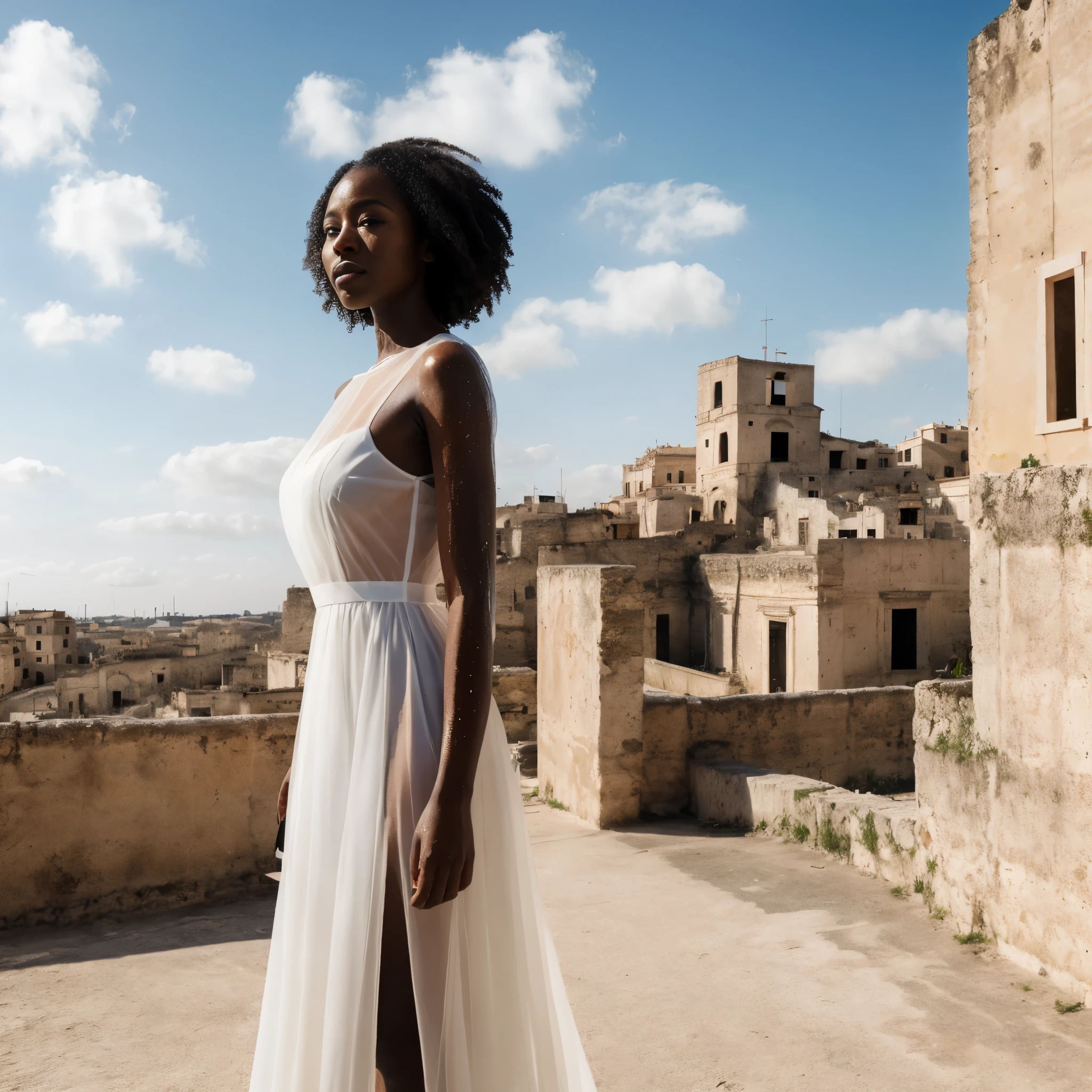 Nigerian Ebony woman in a white large transparent dress with ruined city of Matera in background posing for a professional photoshot, (wearing a transparent wet white dress), blue cloudy sky, rich colors, hyper realistic, lifelike texture