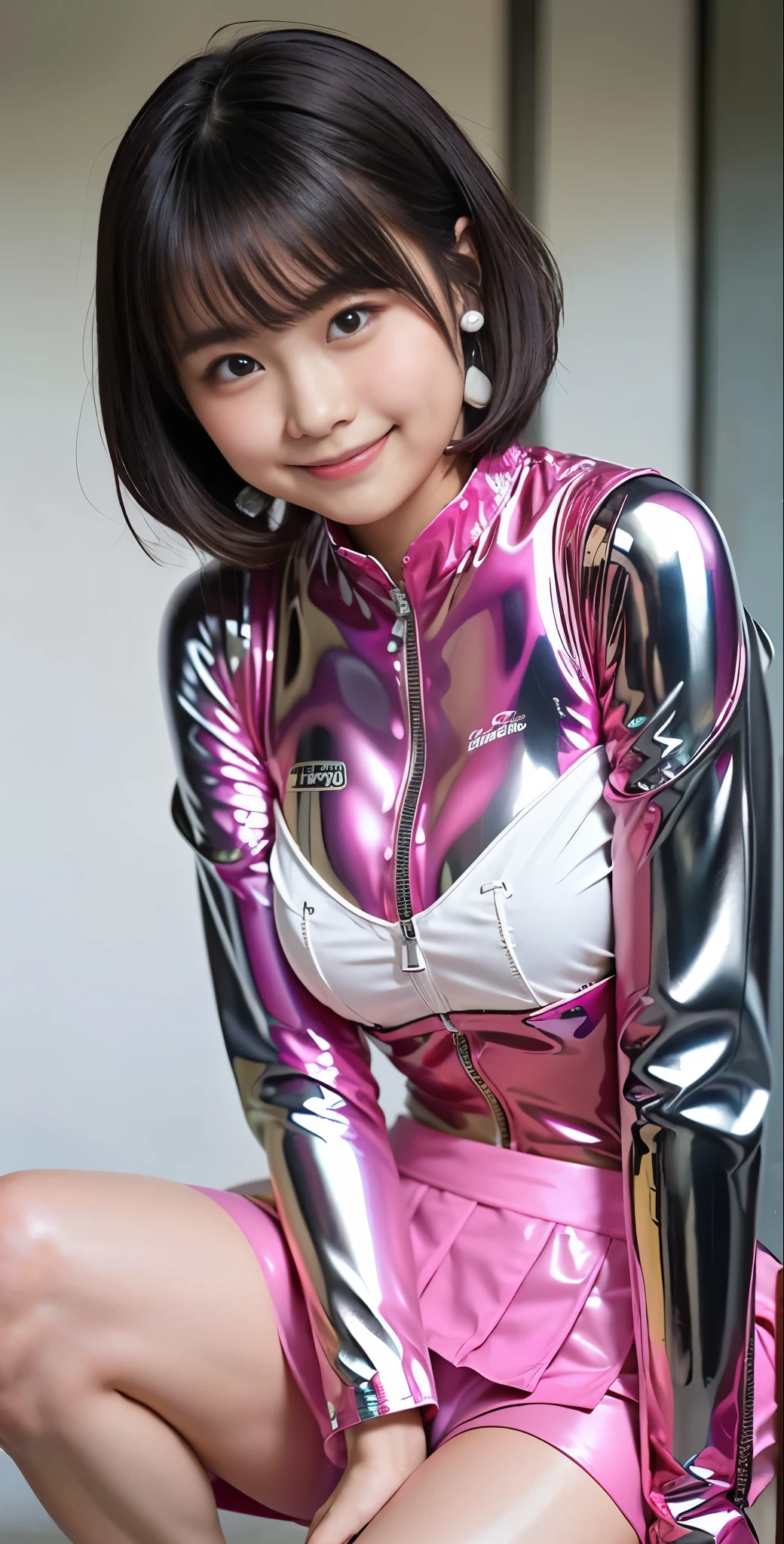 （8K、Raw photography、highest quality、masterpiece：1.2),(black haired、very short hair:1.8),(twin tails:1.2)、show viewer,Looking at the front,erotic,白いskin,(Wearing a shiny pink plug suit:1.9)、()、(Clothing that emphasizes the shape of your chest、publish one&#39;skin:1.5)、(big breasts :1.4)、slim body shape、ultra high resolution,beautiful,beautiful fece,(alone、no background:1.9),whole bodyボディー,japanese woman,（Photoreal：1.37）、photon mapping,reality、(Baby-faced and cute: 1.0)、(cute smile: 1.7)、(With a round face: 1.7)、radio city、Physically based rendering、depth of field rally background、photograph, (I can see your knees、short skirt、I can see white pants、close up of thighs:1.8),（:1.4）,whole body、super fine