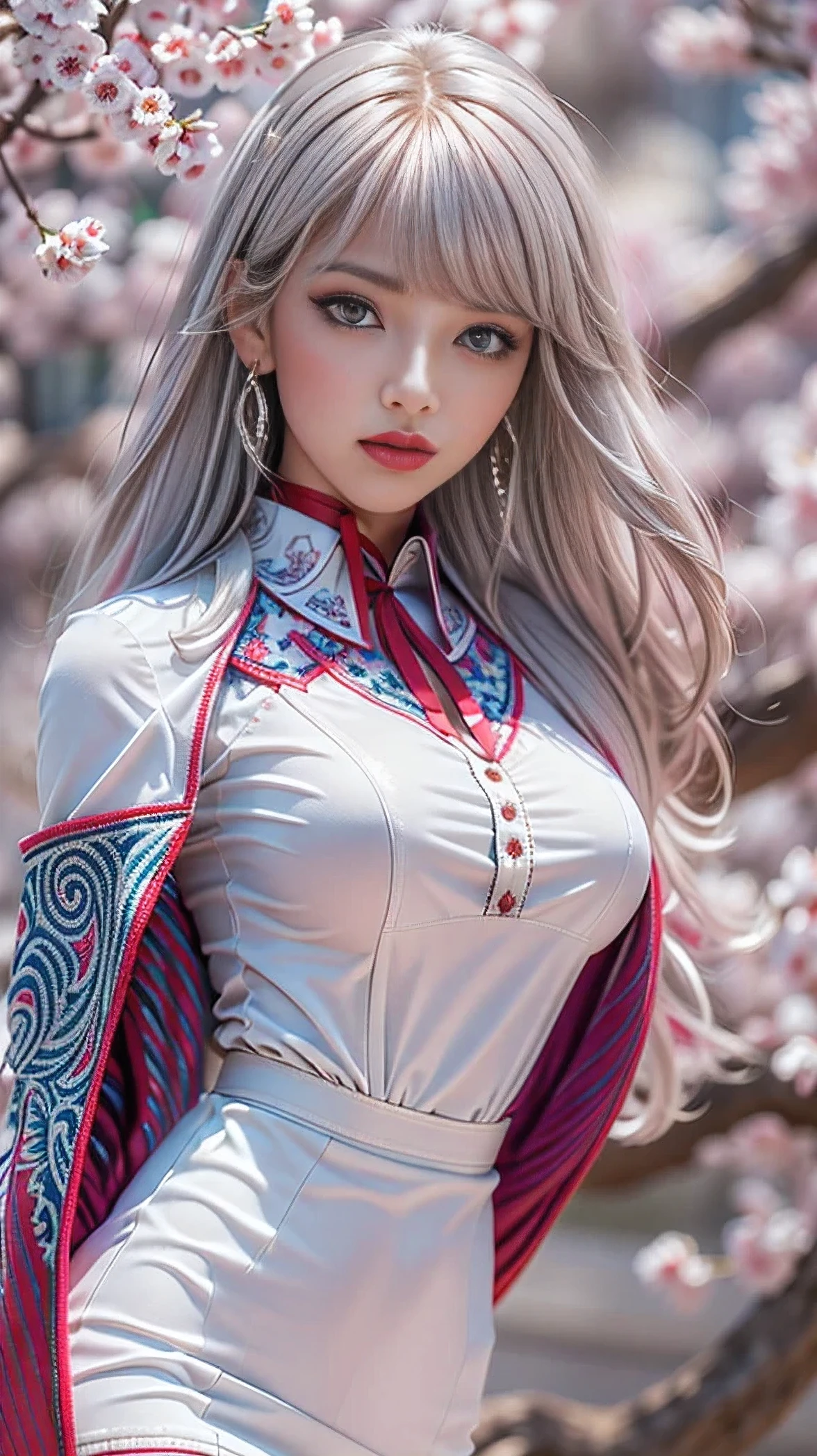 Divide Ratio : 1,1,1 Base Ratio: beauty (mixed girls) in (highly detailed 32k absurd art of a ((girl 18-year-old)) ),fashion supermodel,(best high quality real texture skin:1.3),((ebony skin female:1.15)),(best quality texture hair:1.4),BREAK,((red hair:0.5|white hair:0.5((bangs swept to the side)) intricate detailed:1.55)),((outside'an orchard of blooming cherry trees:1.3)),(best high quality:1.4),(photo realistic:1.5),(Hyper realistic:1.5),((sharp focus)),(highest resolution),((soft neon lighting on the face and body)),(perfect proportions),(anatomically correct),(perfect female body),(firm normal full breasts:1.3),slim face,beautiful cheekbones,((slim,swell-muscled body:1.24)),(Super beautiful face),(realistic face),(highly detailed face:1.4),absurd(ultra detailed eyes), finely detailed face,finely quality eyes,(tired and sleepy and satisfied:0.0),(close up of a woman's eye with a digital rendering),realistic eyes,perfect round eyes,finely detailed pupils,(brown_eyes:1.3),BREAK,detailed lips:1.3,(red_lipstick:1.1),pink_makeup:1.22, long_blue_eyeliner:1.22, perfect dark_eyeshadows:1.35, there a close up of a woman's, (super detailed makeup on eyes:1.3), iridescent eyes, with professional makeup, vibrant eyes:1.2, (Detailed nose:1.2),BREAK,(extremely detailed:1.23 (collared blouse shirt:1.3)),BREAK,small head:1.4, ((ornament red ribbon on head:1.33)),exquisite balance of shadows,perfect composition,(((upper body shot:1.2))),((look at the viewer)), Hasselblad, 50mm f/2.2