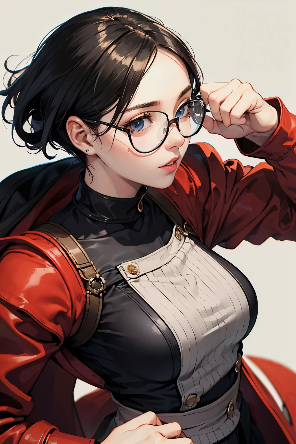 Wide angle shot, beautiful female street fighter, wearing large glasses, black undercut hair, wearing large steel knuckles