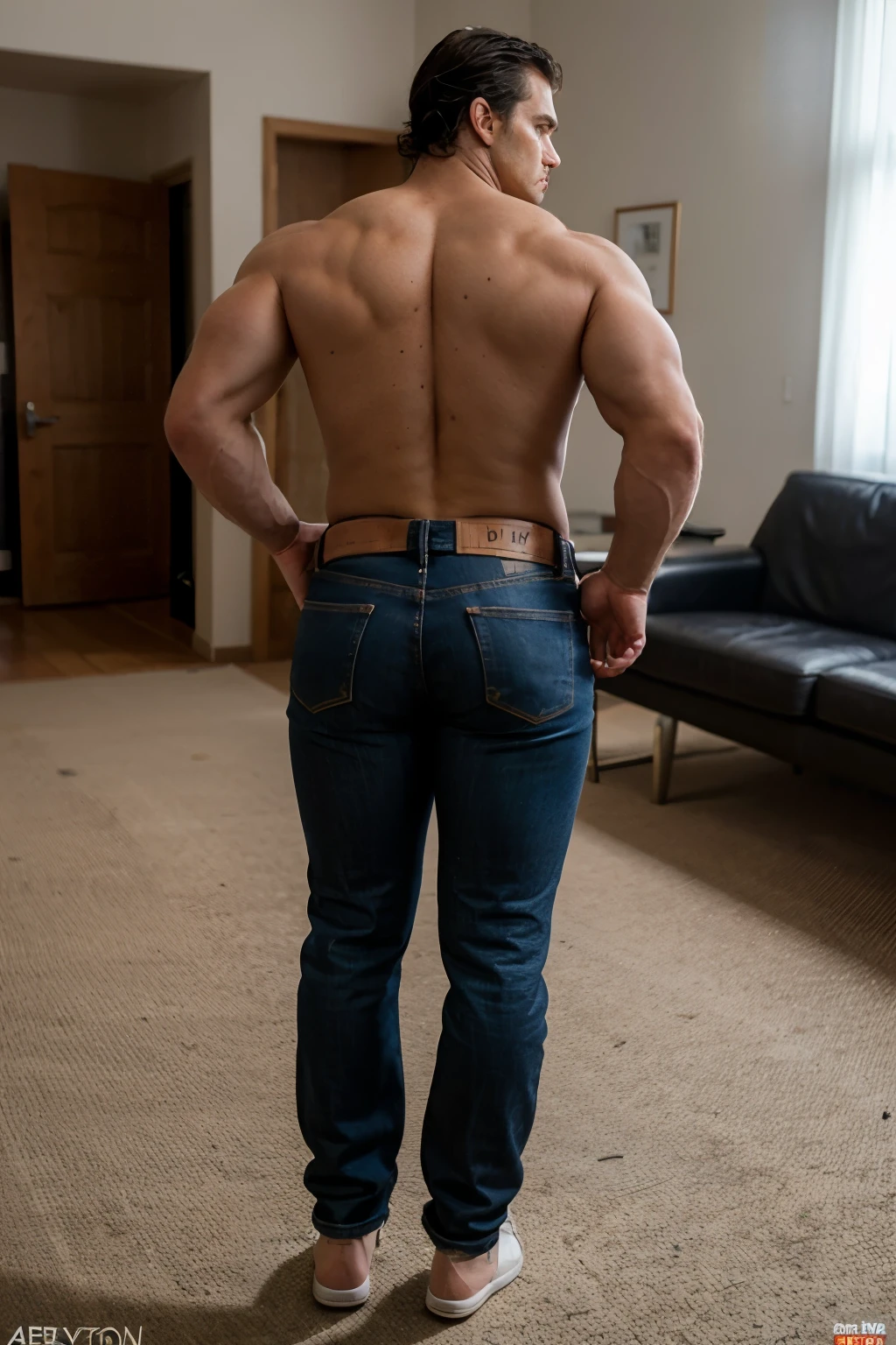 muscular big manly man, Henry Cavill, 45 years old, full body Bent over, naked Navy jeans .  backside