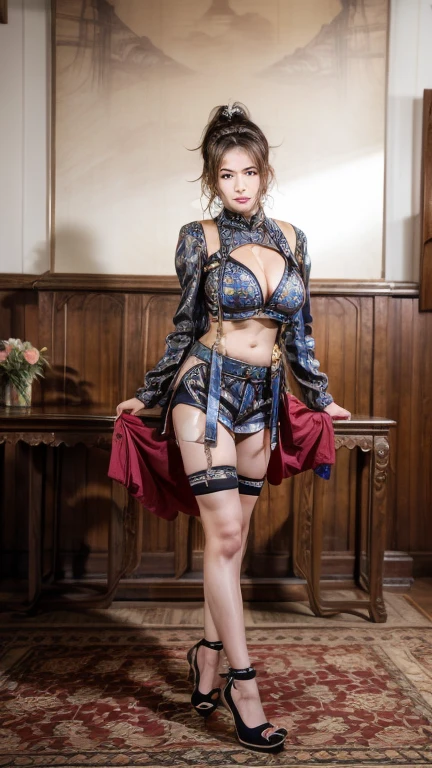 Tight，High heel。Bulging 。 are larger than the torso。。Perfect body，supermodel。 leg rings。good facial features。high quality face。 idol girl group。The ultimate body。Smooth and delicate skin。Exquisite facial features。。。。True physics engine。woman with smooth skin。energetic woman。 hot woman。headgear，Chinese clothing。Retro style  。The less you wear, the better 。 bellyband。Raised small bean。