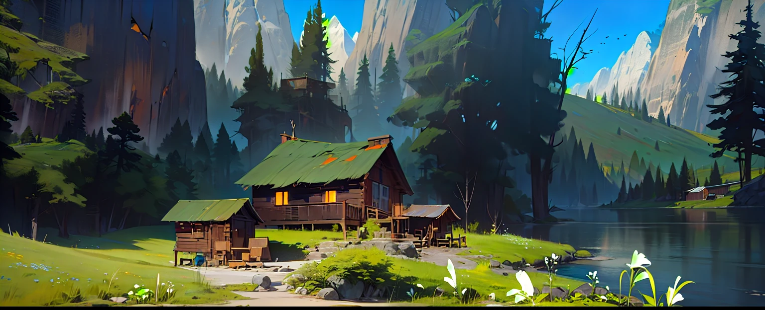 there is a painting of a cabin in the middle of a mountain, painted as a game concept art, painterly concept art, digital painting concept art, environment painting, stylized concept art, 2 d game environment design, matte painting arcane dota pixar, scenery game concept art, video game environment design, game environment design, beautiful screenshot