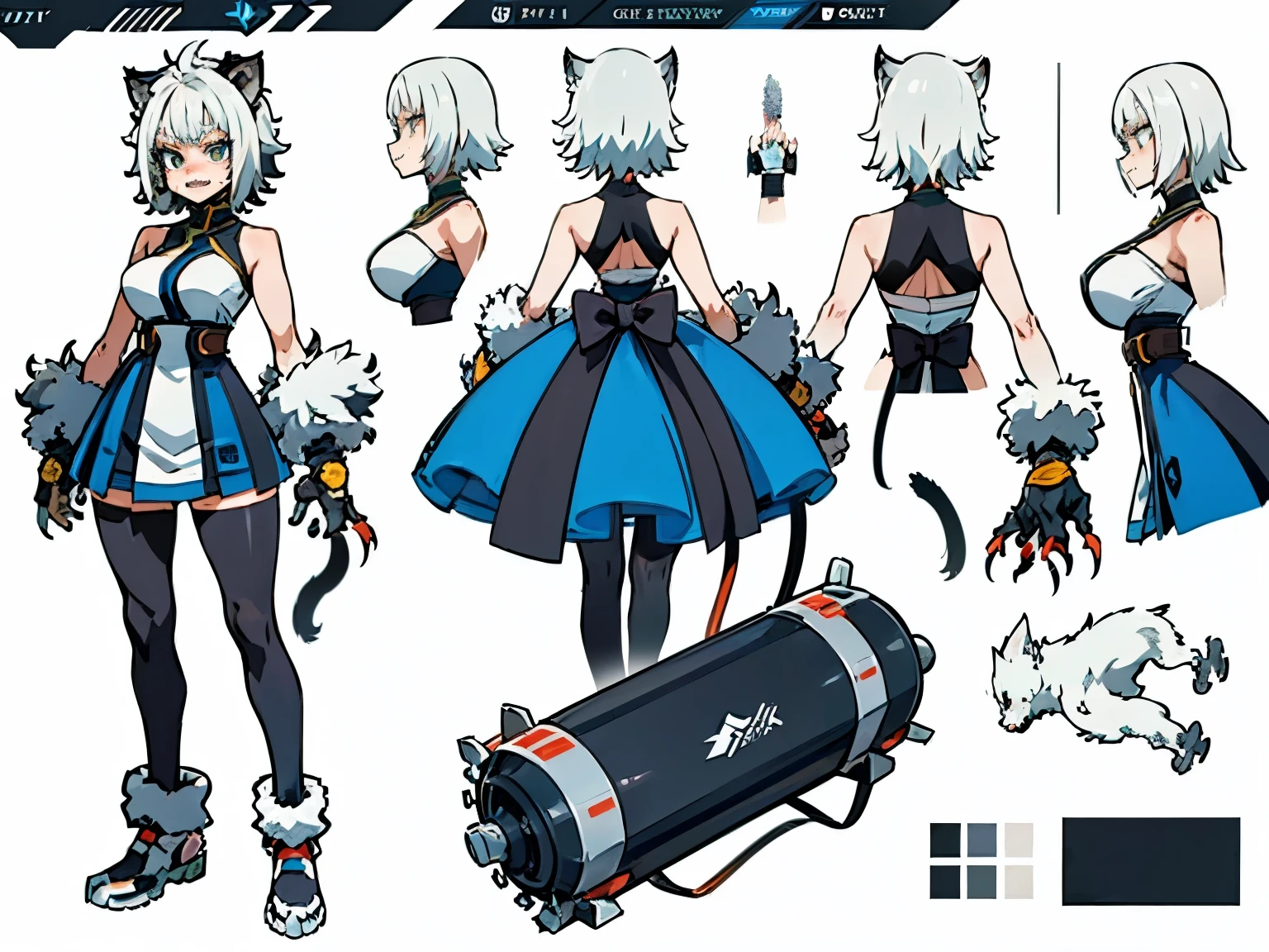 (My Hero Academia Style), (battle beast of 6 big invincible),((three sided view)), ((full bodyesbian)), (Simple background), ((multiple views)), ((High resolution)), ((concept art of character)), ((Character Design Sheet)), (Same role), (frontage), (Lateral face), (on back), (simple background), (white backgrounid:1.3), 1girl, white hair, short hair, wavy hair, :3, fangs, cat tail,muscular female, trending on artstation pixiv, (full body shot:0.5), Perfect Anatomy, Super Detailed, Large breast, wide thighs, tanned complexion, huge breasts, Cat ears, Cat tail, Black Knee Pads, Black Elbow Pads, Black Fingerless Gloves, seductive and joyful gaze, not human ears, ((her arms and legs are on the shape of furry winter paws with claws and her teeth are sharpen to become fangs)), a woman in a black and red costume holding a cat in her hands, humanoid winter, of anthro black warlock, anime character; full body art, neferpitou, attractive cat girl, cat girl, full body with costume, anime catgirl,