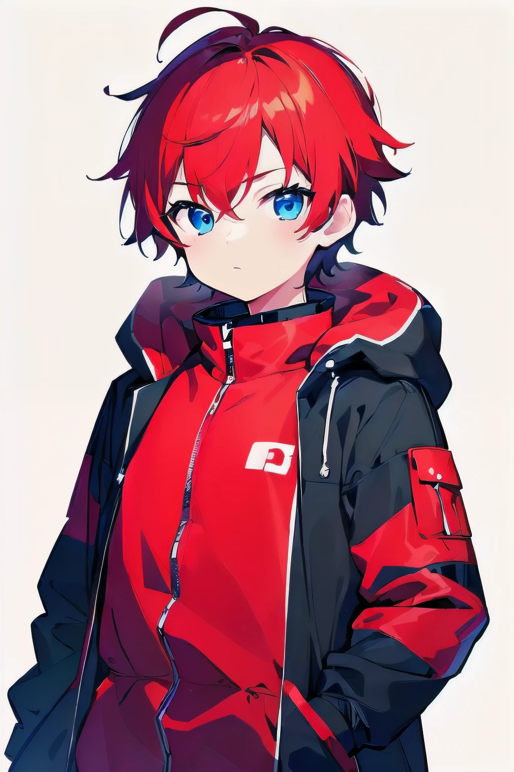 [(WHITE BACKGROUND:1.5),::5], ((((masterpiece)))), high quality, ultra_very_high_resolution, large_filesize, full color, (((solo))), (()), ((red color short hair)), blue eyes, anime, upper body, neon light, black parka, upperbody,