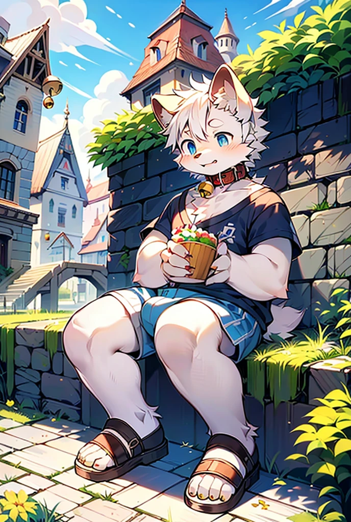 masterpiece, high quality, ridiculous resolution, number \ (artwork \), by dagashi, Yes, Kiyoyama, (fluffy fur, white fur, Full body fur,). boys, blue eyes,fat white hair, shorts, sandals, Bright Eyes, panoramic, Character focus. Detailed background, eat, outdoor, Castle in the Sky, (bells, collar, loose clothes: 1.2)