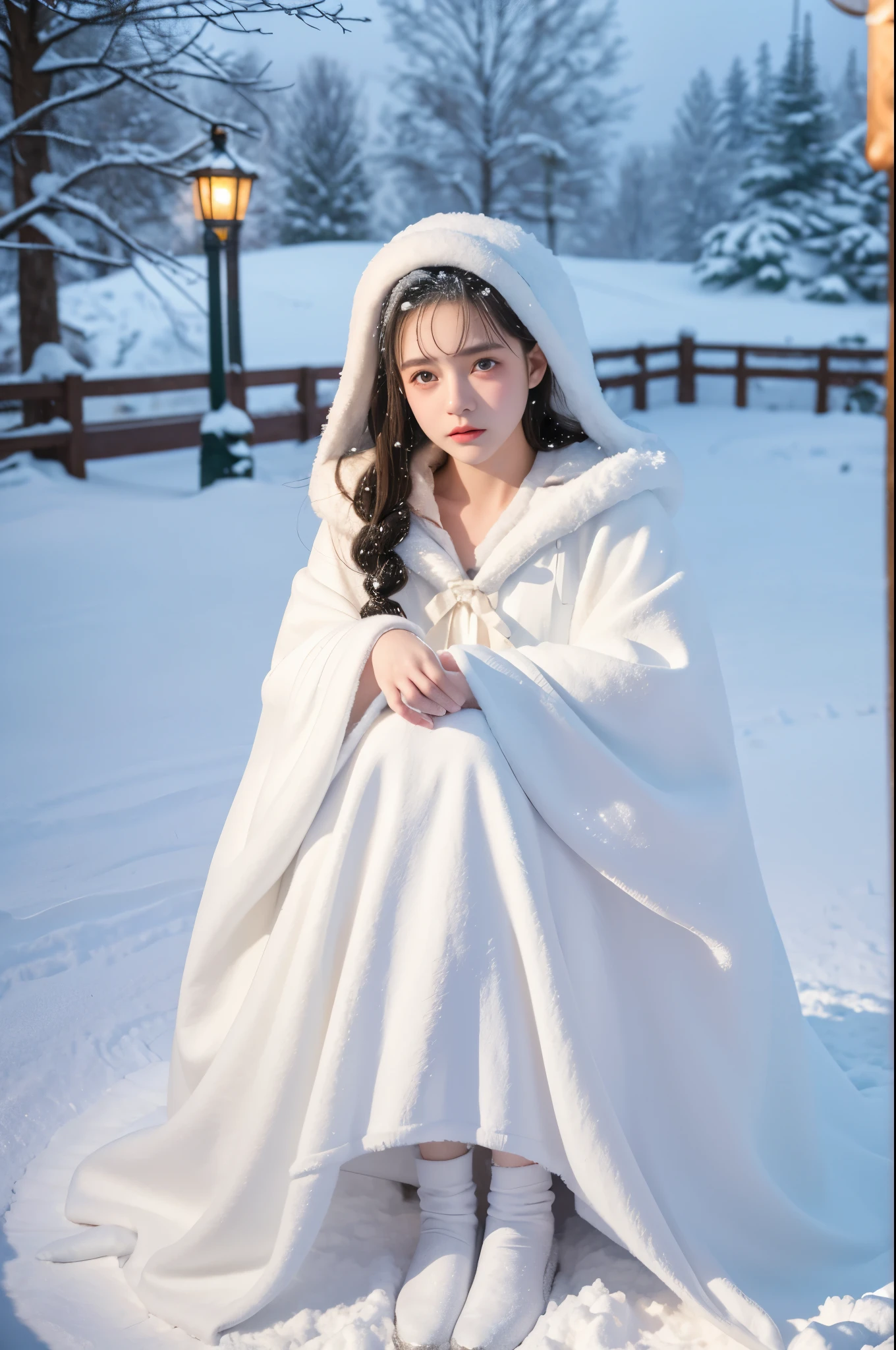((Works of masters)),(ultra high resolution),1 girl,Glowing eyes,Tears of sadness, Sitting, Lolita costume,Cloak (Snow, Snow,Outdoor activities in winter:1.2),