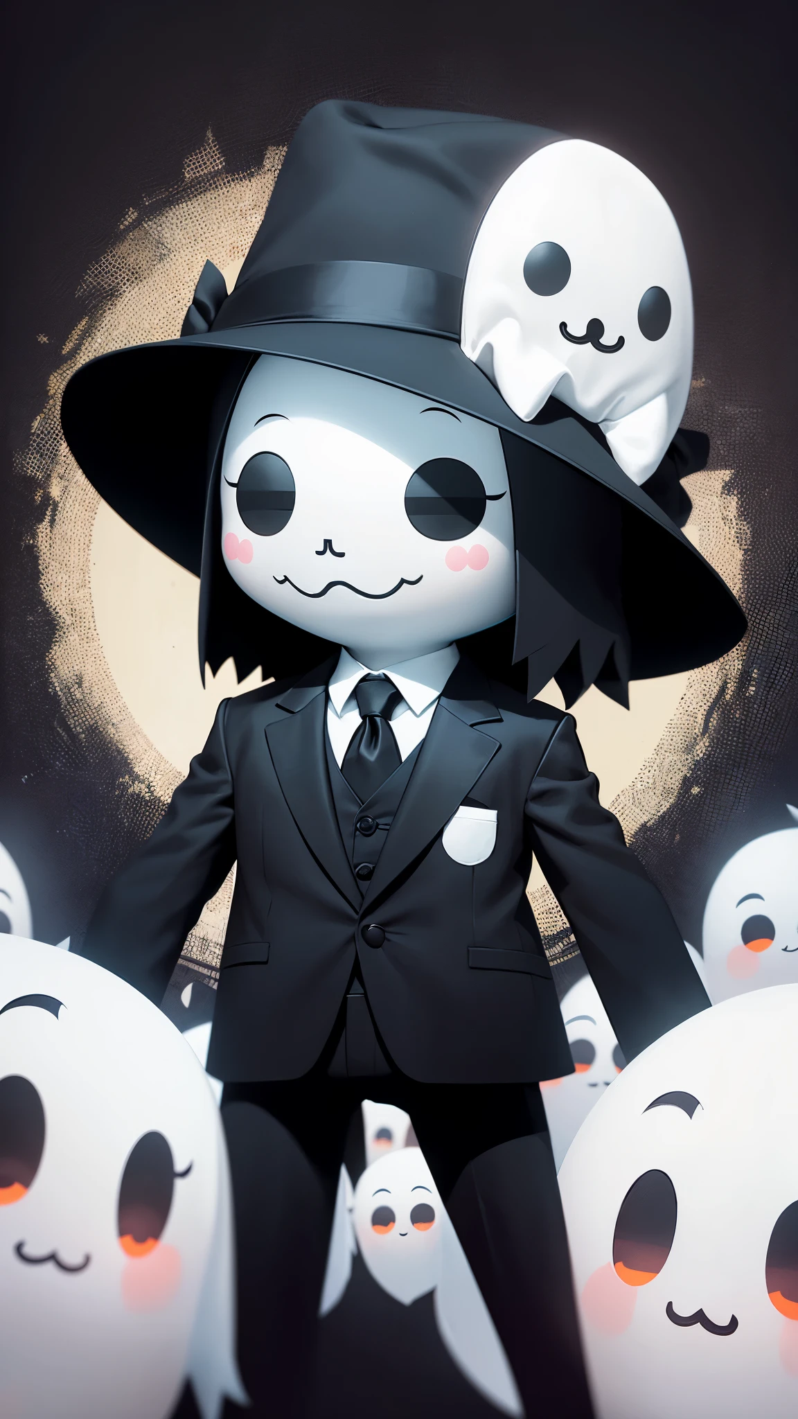 a sticker, Cloth ghost, smile , Cartoon Cute, like nendroid, The cloth ghost is wearing a black suit, The cloth ghost is wearing a black hat., The cloth ghost has a black pistol., movie poster, background like spy movie poster, High quality, ((In the style of Paul Gauguin)), ((Like a graphic novel))