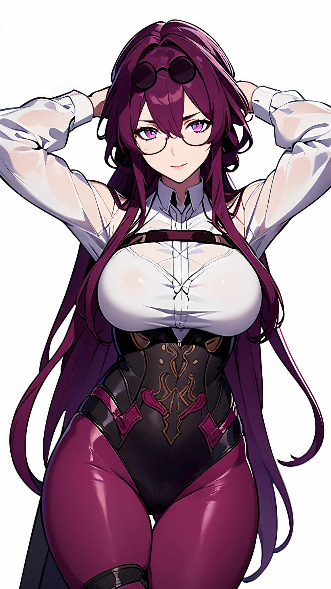 ((8K resolution))、((highest quality))、((masterpiece))、((Super detailed))((((dramatic))), (anatomically correct)、Depth of object being written、look at the camera、((kafka, (glasses on head:1.3), round glasses, (purple eyes:1.1), purple hair, long hair,))front、eight-headed body、Thin but muscular body, toned arms, long and thin legs, Athletic Presence,(theme、whole body:1.1), white background