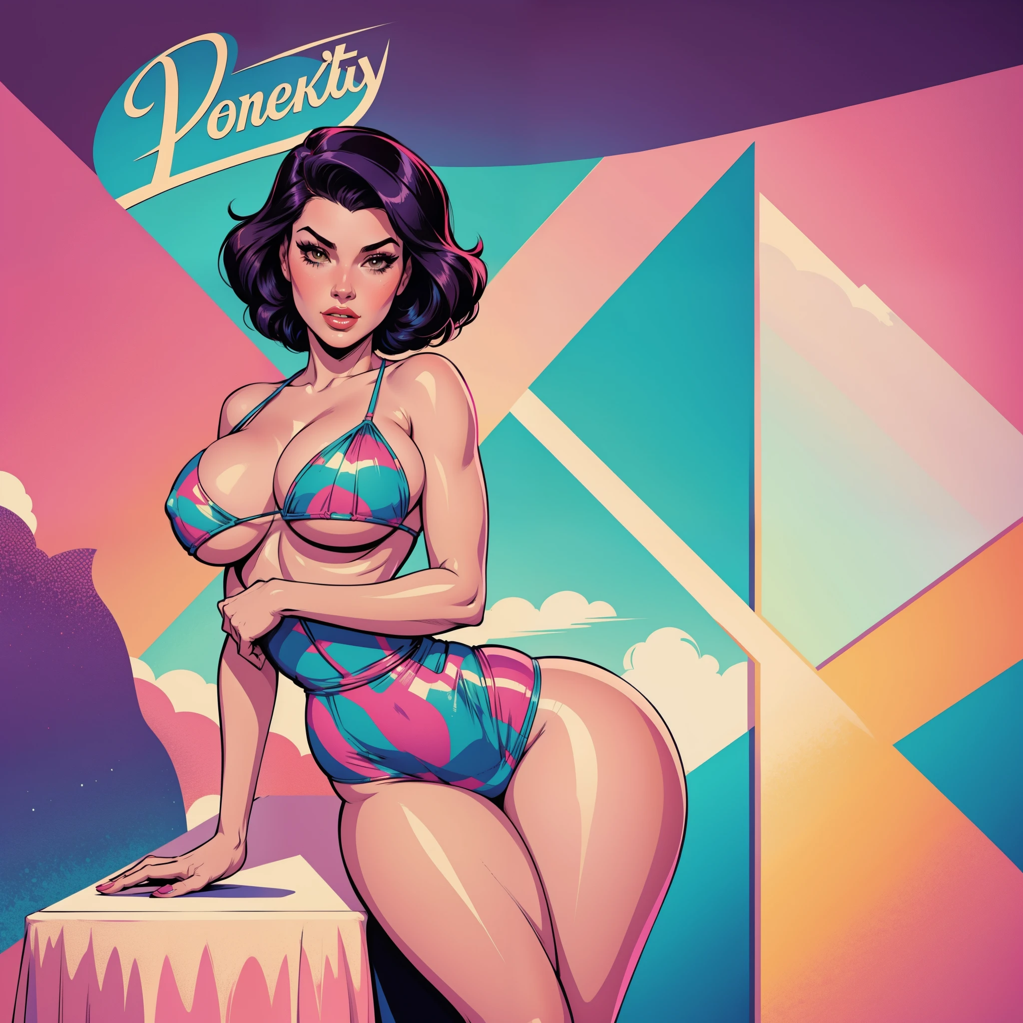 Young girl, 40s fashion appearance, in style of digital illustration, pinup art, lois van rossdraws, artstyle : ilya kuvshinov, deviantart artstation cgscosiety, stunning digital illustration, soda themed girl, beautiful retro art, jen bartel, milkshake, matte digital illustration, glossy digital painting, ((curvy body)) micro bikini