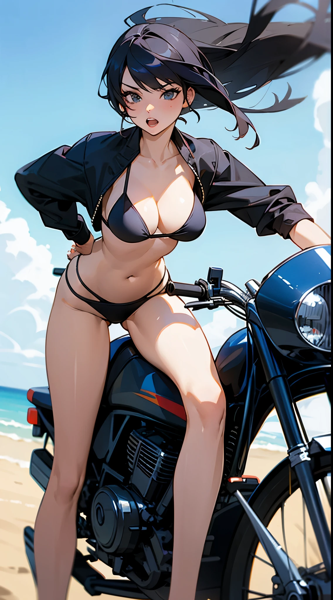 Hot woman. Wearing black bikini. Riding horce