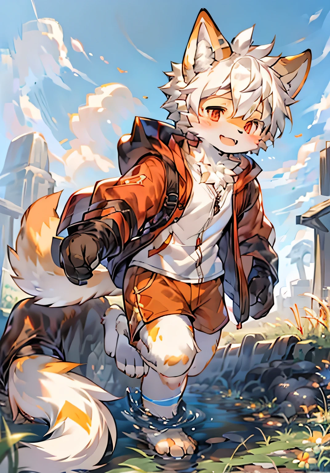 Eyes are bright，panoramic，Character focus，solo，hairy，hairy male，male focus，Hana charcoal，（Full body fur，hairy tail，off-white fur，orange-red eyes，white hair，Orange coat，gray shorts：1.2）background grassland，Running on the steppe，juvenile