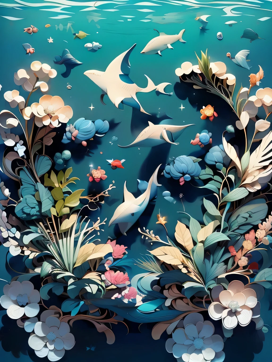 A cute white dolphin，Swimming in the sea，Detailed depiction，High facial smoothness，Jumping in the water，Super cute，There are many aquatic plants floating in the water around，flat style，vector illustration，With blue as the background，