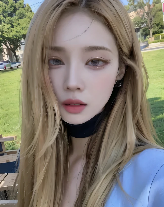 un primer plano de una mujer con cabello largo usando un estrangulador, pale round face, ulzzang, hermoso rostro estetico, realista. ChengYi, maquillaje popular de corea del sur, sakimichan, con cara redonda, pale porcelain white skin, preciosa cara delicada, pale korean adorable face, jinyoung shin, maquillaje coreano popular, yanjun chengt, 8k selfie photography