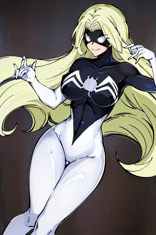 ,best high grade masterpiece quality, ultra detail, short side parted tucked to the side asymmetrical smooth straight bob hair green eye cute gorgeous looking woman wearing black&white viscous liquid symbiote suit, no wrinkles, bodysuit, spider-girl, skin tight, sexy (La mejor calidad detallada:1,6) lado largo y fino con raya metida hacia un lado cabello liso y liso en una cola de caballo peinado mujer traje de spiderman ajustado (with long white latex boots and with long white latex gloves) with spider emblem and completely masked, Stable Diffusion,_model_femenino