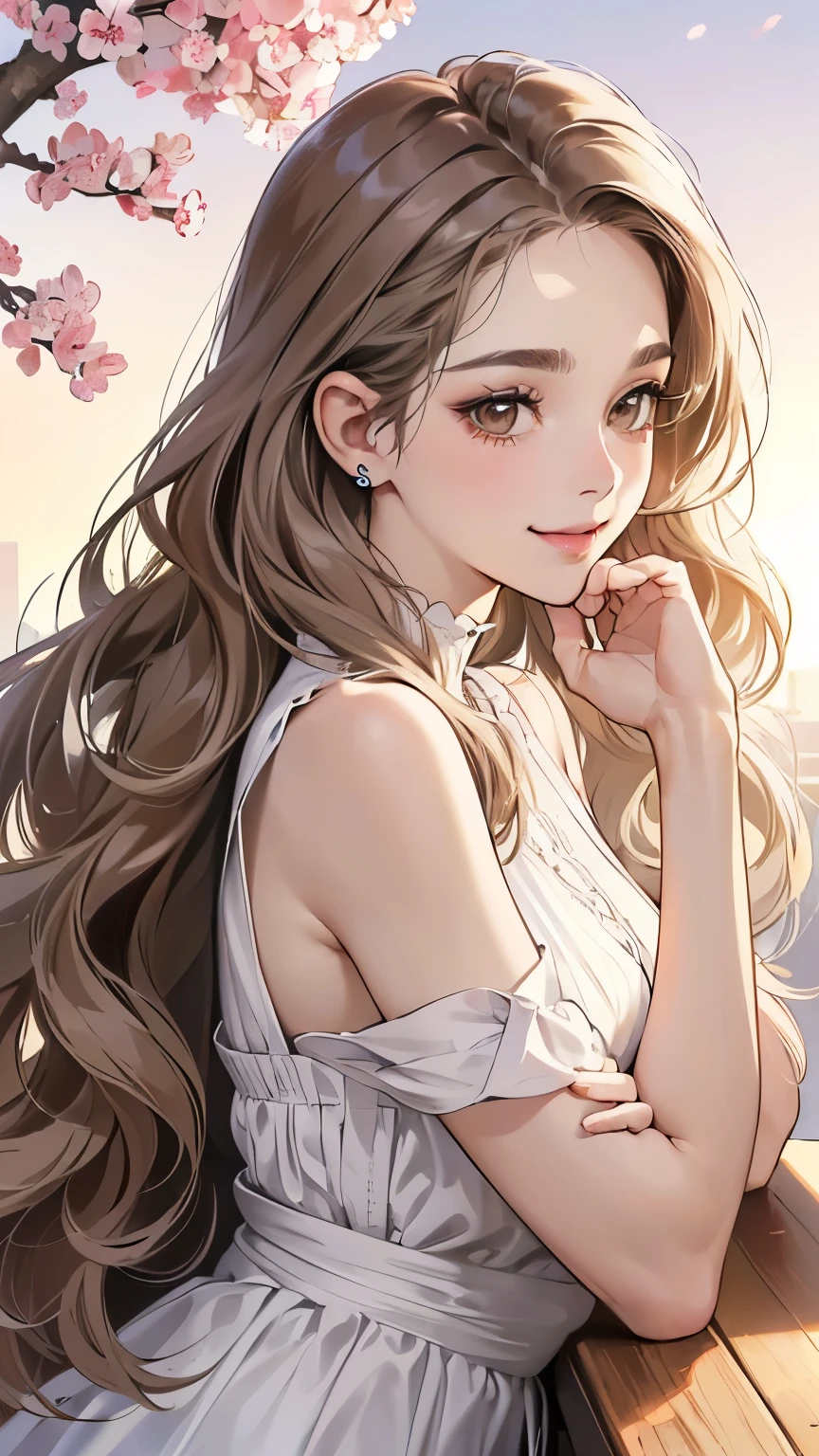 (table top, digital illustration, 4k, 8k, Super detailed, beautiful images, clear image, perfect face, perfect lines, perfect eyes, soft lighting) 1 female, (gray long wavy hair, innocent look, look at viewer, side view,Over-the-shoulder ,Thin Eyebrows ,droopy eyes, puffy eyes, tareme, brown eyes, With a round face, round chin、innocence, cute, natural makeup, smile gently,27 years old:1.3), full of light,(embarrassing, shy smile:1.2), sleeveless black knit, large Piercing, cherry blossom