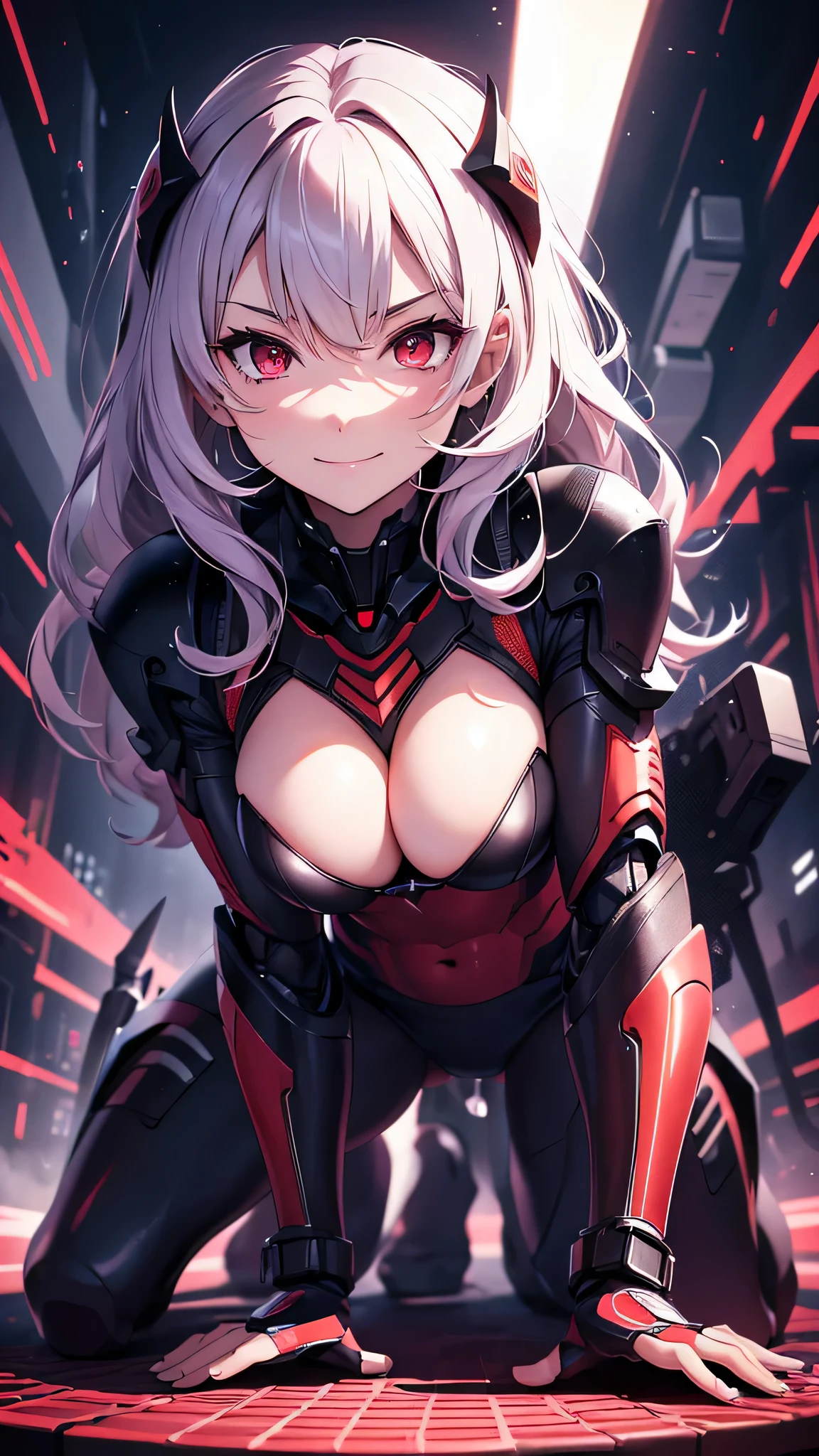 最high quality、best image quality、masterpiece、android girl((18-year-old、 By becoming、vest bust、medium bust,wide open breast tea、red glowing eyes, water hair、messy hair、long hair、thin,highest valley、Blue robot body、Shiny red body、Close ~ eyes、attack、Show the whole body、robot arm、robot feet、villain、evil smile、crawl on all fours、bad smile、laugh loudly)),high quality、beautiful art、background((dark bio facility、dark room、Infrared Sensor、red lighting))、Flight、debris flies、Depth of written boundary、movie、visual art、perfect art、8K,genuine、