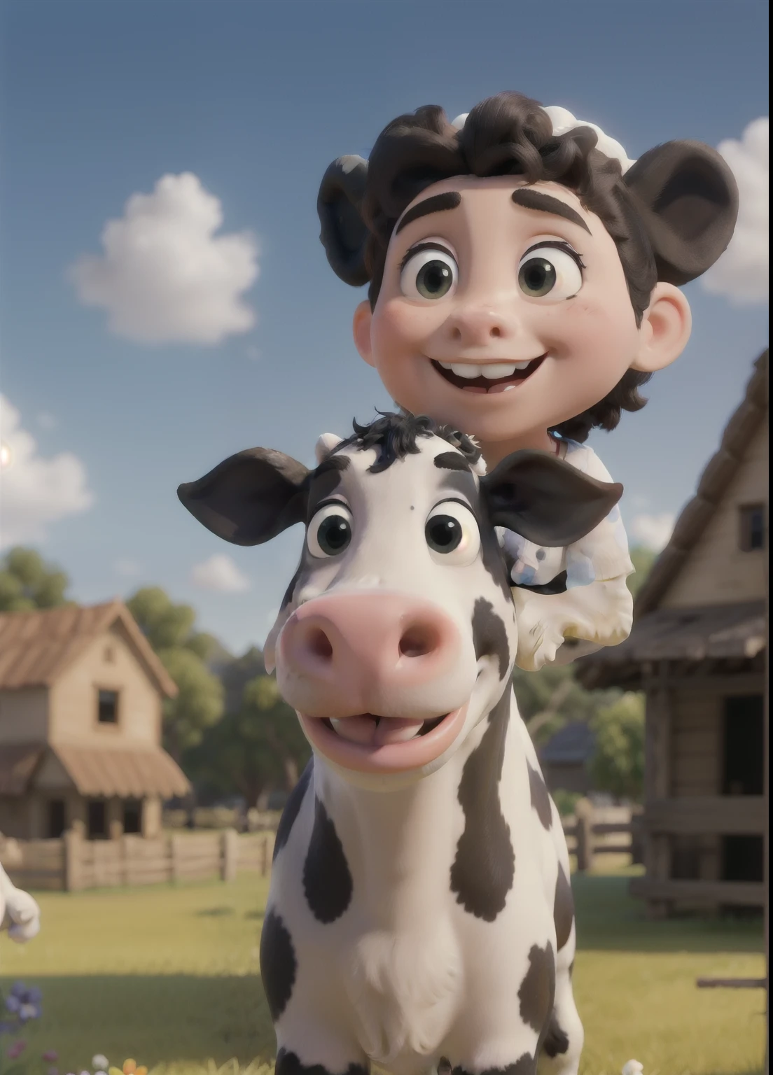 obra maestra, Mejor calidad,un primer plano de una vaca holstein friesian con una gran sonrisa en su rostro y una valla en el fondo con un cielo y nubes y el nombre "CLAUDIA", en 3d.