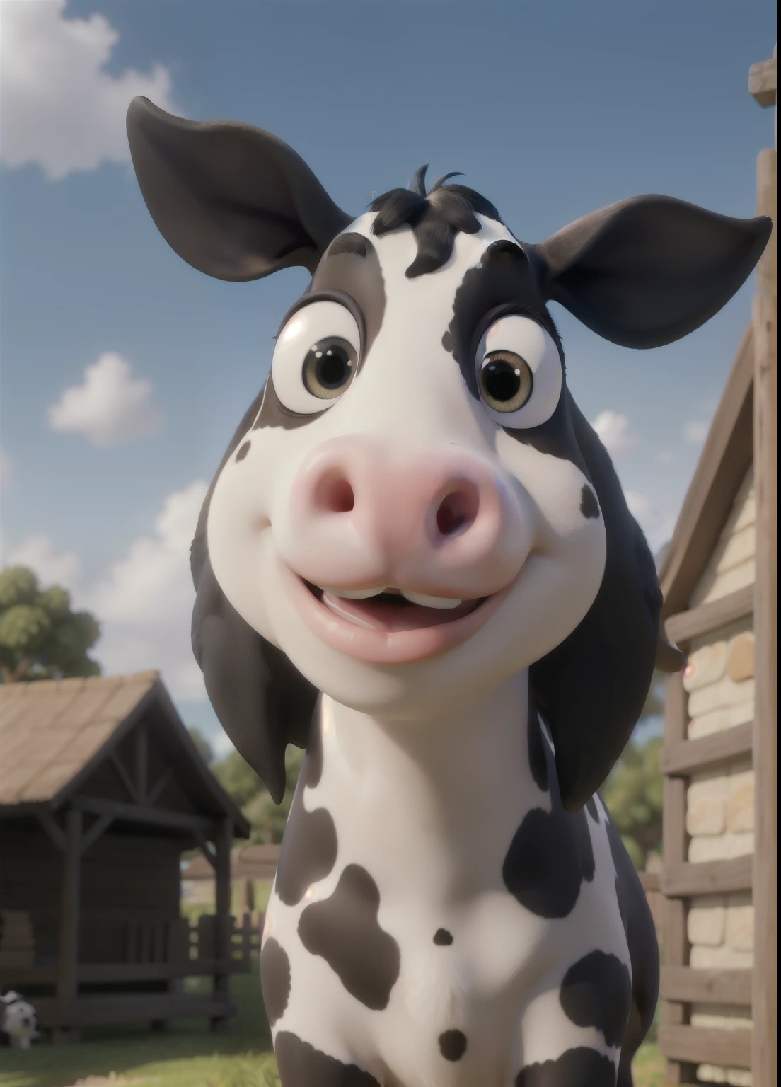obra maestra, Mejor calidad,un primer plano de una vaca holstein friesian con una gran sonrisa en su rostro y una valla en el fondo con un cielo y nubes y el nombre "CLAUDIA", en 3d.
